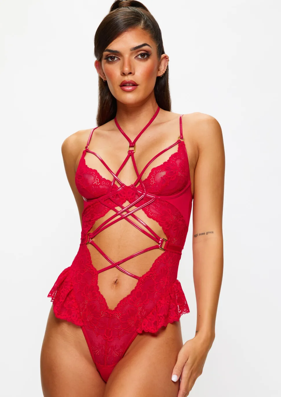 Affectionate Lace Crotchless Lingerie Body - Red