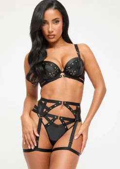 After Dark PU Padded Plunge Bra - Black