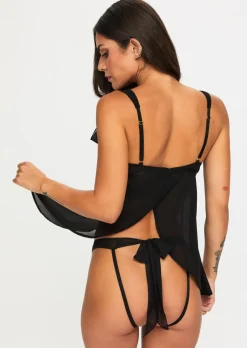 All Your Desires Crotchless Babydoll Lingerie 2 Piece Set - Black