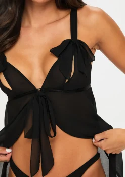 All Your Desires Crotchless Babydoll Lingerie 2 Piece Set - Black