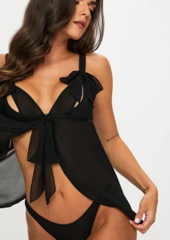 All Your Desires Crotchless Babydoll Lingerie 2 Piece Set - Black