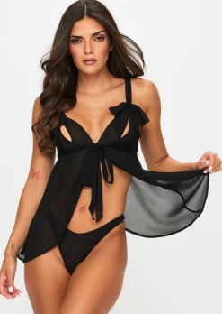 All Your Desires Crotchless Babydoll Lingerie 2 Piece Set - Black