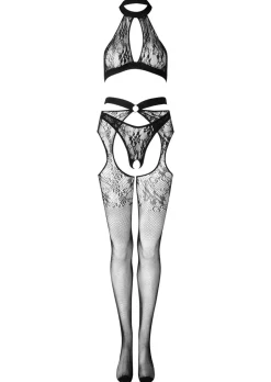 Beneath The Sheets Crotchless Bodystocking 3 Piece Set - Black