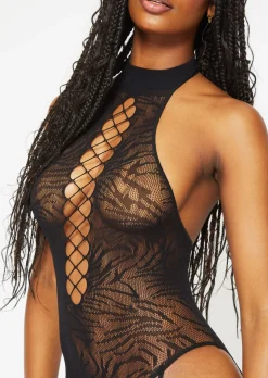 Be Wilder Zebra Print Crotchless Bodystocking - Black