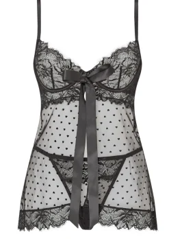 Bon Bon Flocked Heart Babydoll 2 Piece Lingerie Set - Black