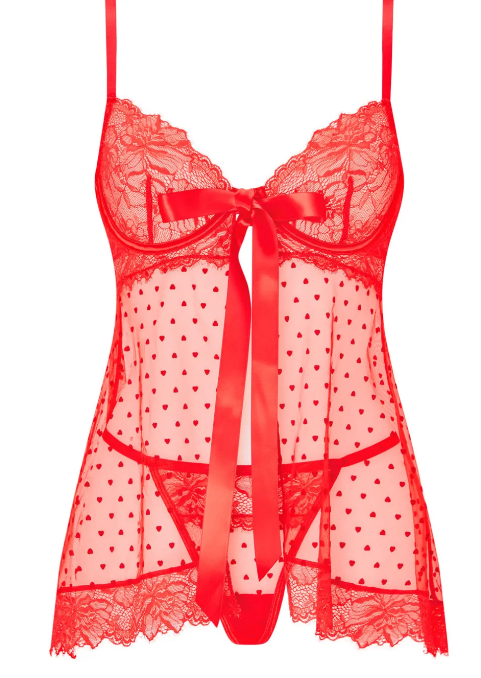 Bon Bon Flocked Heart Babydoll 2 Piece Lingerie Set - Red