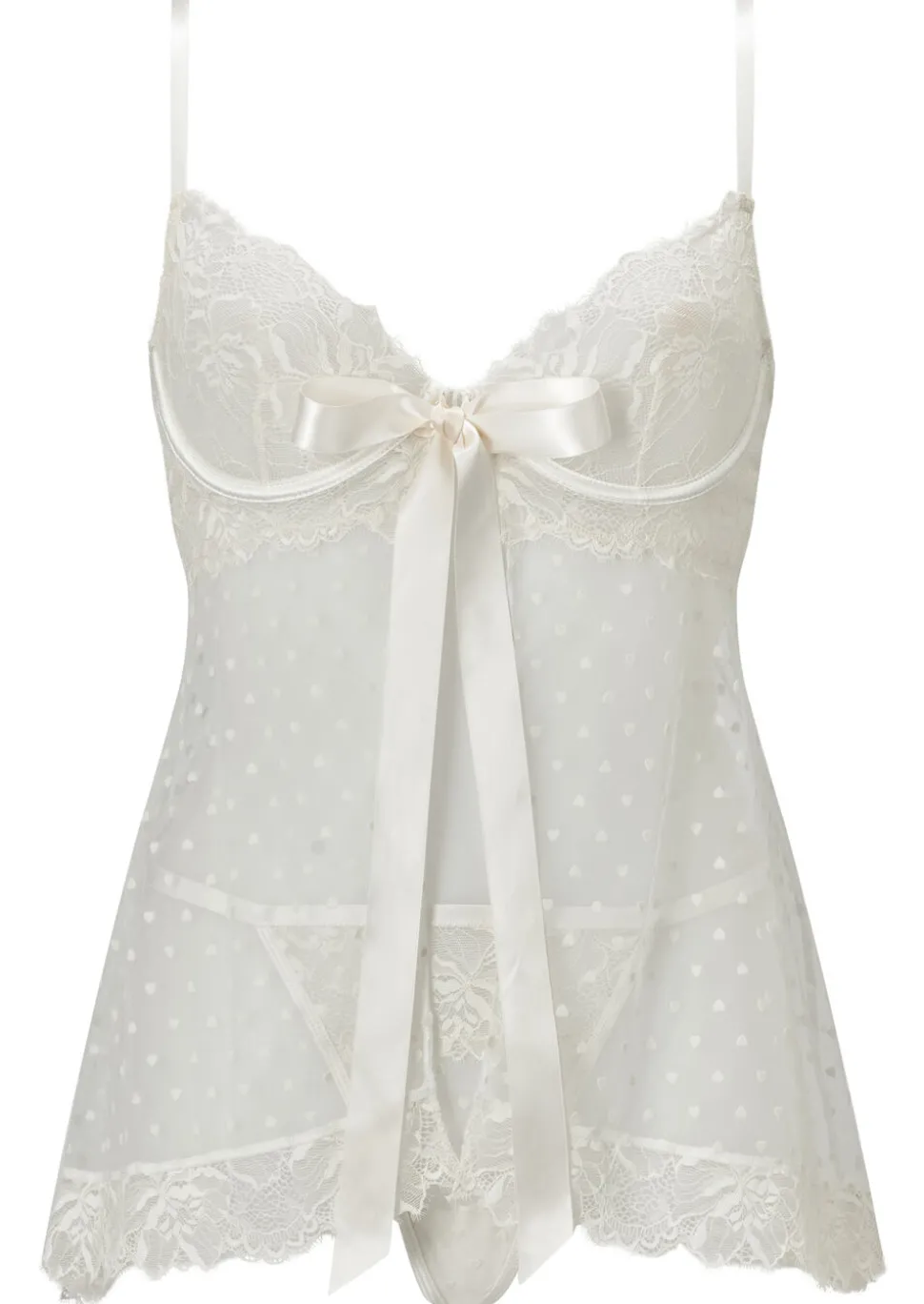 Bon Bon Flocked Heart Babydoll 2 Piece Lingerie Set - Ivory