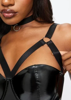 Bondage Bunny 4 Piece PU Costume with Choker & Bunny Ears - Black