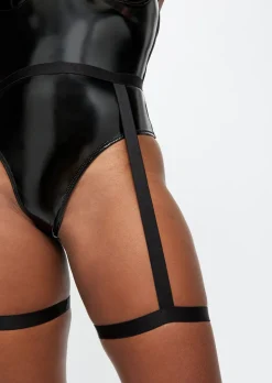 Bondage Bunny 4 Piece PU Costume with Choker & Bunny Ears - Black