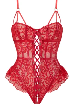 Boudoir Tease Lace Crotchless Teddy Lingerie - Bright Red