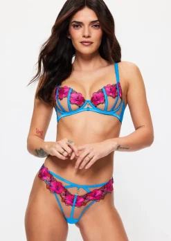 Caged Hibiscus Embroidered Non Padded Balcony Bra - Turquoise