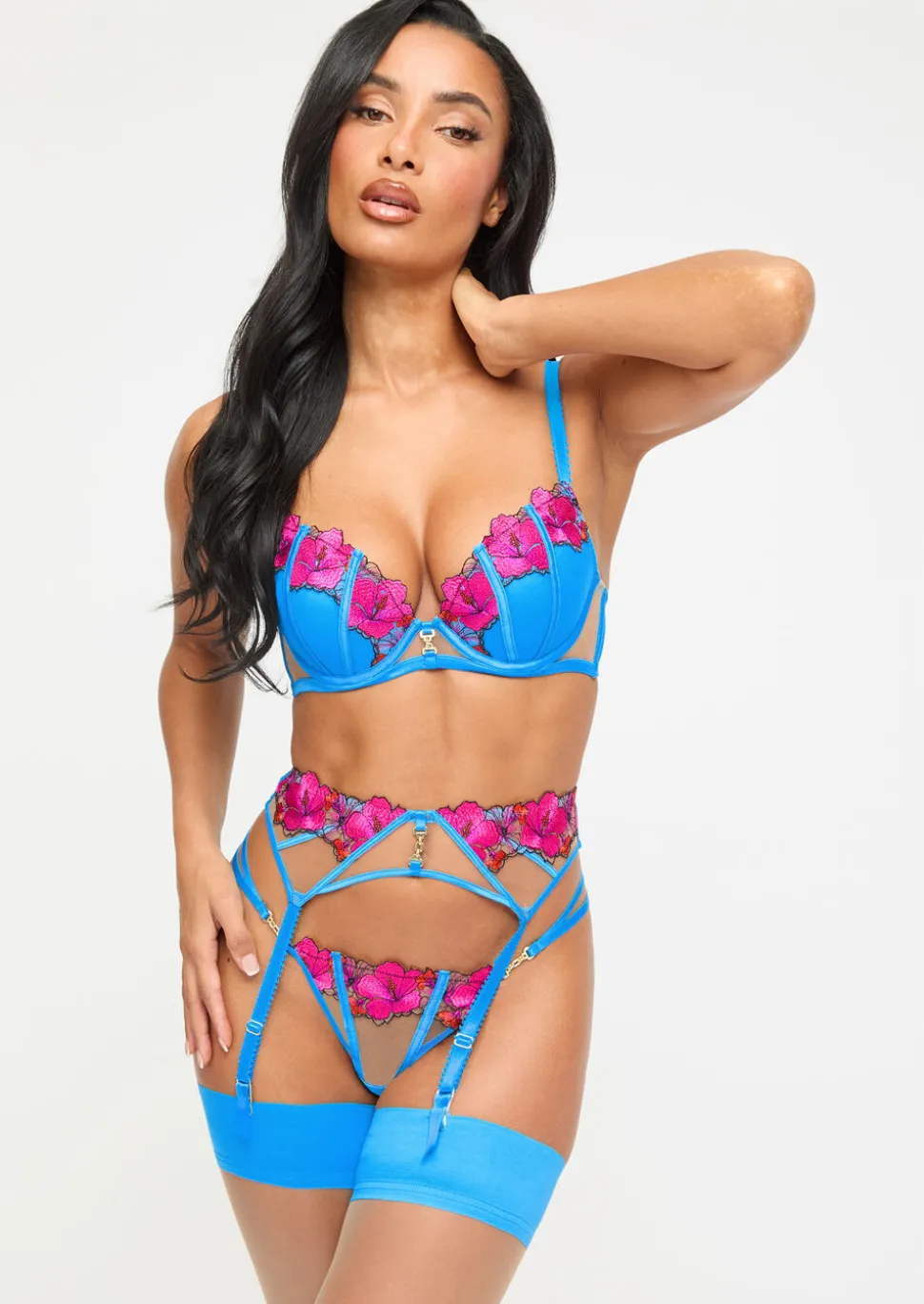 Caged Hibiscus Padded Plunge Bra - Turquoise