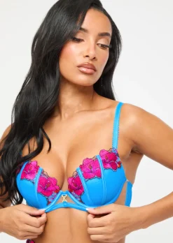 Caged Hibiscus Padded Plunge Bra - Turquoise