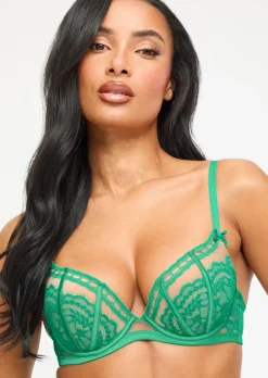 Caged Lace Padded Plunge Bra - Mid Green