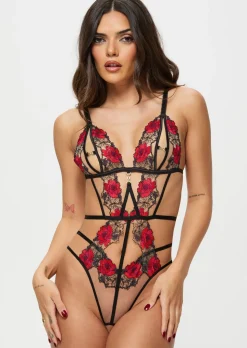 Caged Rose Crotchless Lingerie Body - Black
