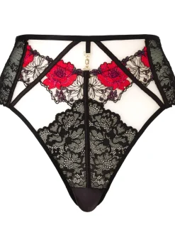 Caged Rose High Waisted Brazilian Knickers - Black/Red