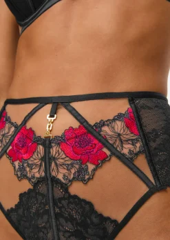 Caged Rose High Waisted Brazilian Knickers - Black/Red
