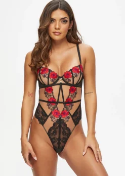 Caged Rose Non Padded Lingerie Body - Black/Red
