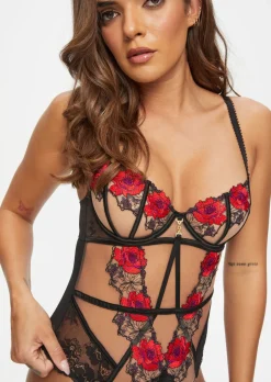 Caged Rose Non Padded Lingerie Body - Black/Red