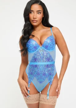 Camille Sequin Embroidered Padded Lingerie Body - Light Blue