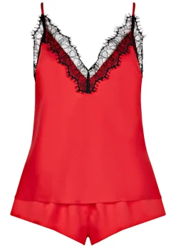 Cerise Satin Lace Cami Top & Shorts Set - Red