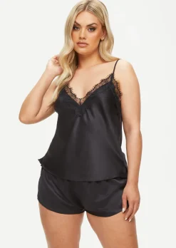 Cerise Satin Lace Cami Top & Shorts Set - Black