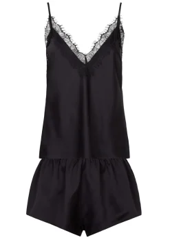 Cerise Satin Lace Cami Top & Shorts Set - Black
