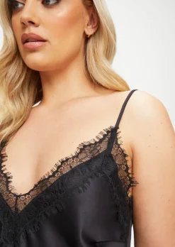 Cerise Satin Lace Cami Top & Shorts Set - Black