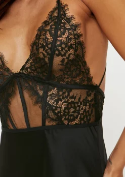 Ce Soir Satin Lace Chemise Lingerie - Black