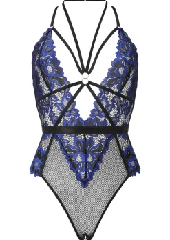 Confession Lace Crotchless Lingerie Body - Black/Blue