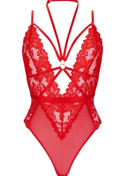 Confession Lace Crotchless Lingerie Body - Bright Red