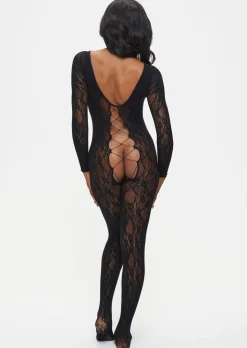 Curiosity Floral Lace Crotchless Bodystocking - Black