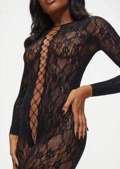 Curiosity Floral Lace Crotchless Bodystocking - Black