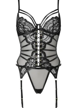 Dark Whispers Lace Crotchless Cami Suspender - Black