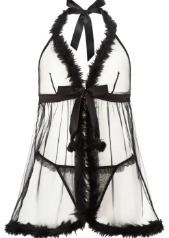 Desires At Dusk Crotchless Babydoll Lingerie 2 Piece Set - Black