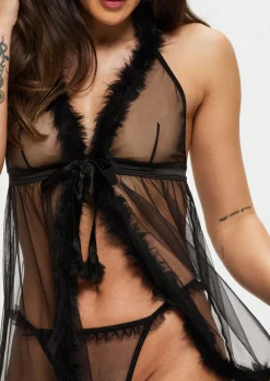 Desires At Dusk Crotchless Babydoll Lingerie 2 Piece Set - Black