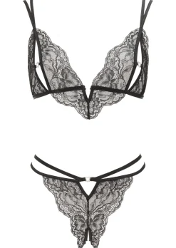 Diamond Heart Lace Peek-a-Boo Crotchless 2 Piece Set - Black