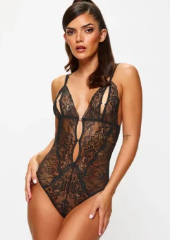 Diamond Heart Lace Peek-a-Boo Crotchless Lingerie Body - Black