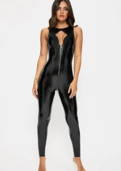 Dominating PU Keyhole Cut-Out Jumpsuit - Black