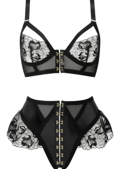 Ecstatic PU & Lace Crotchless 2 Piece Lingerie Set - Black