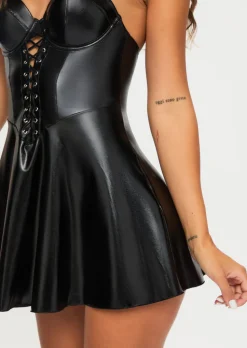 Electra PU Lace Up Detail Skater Dress - Black