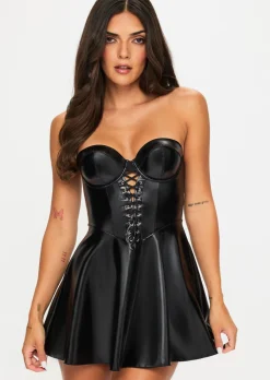Electra PU Lace Up Detail Skater Dress - Black