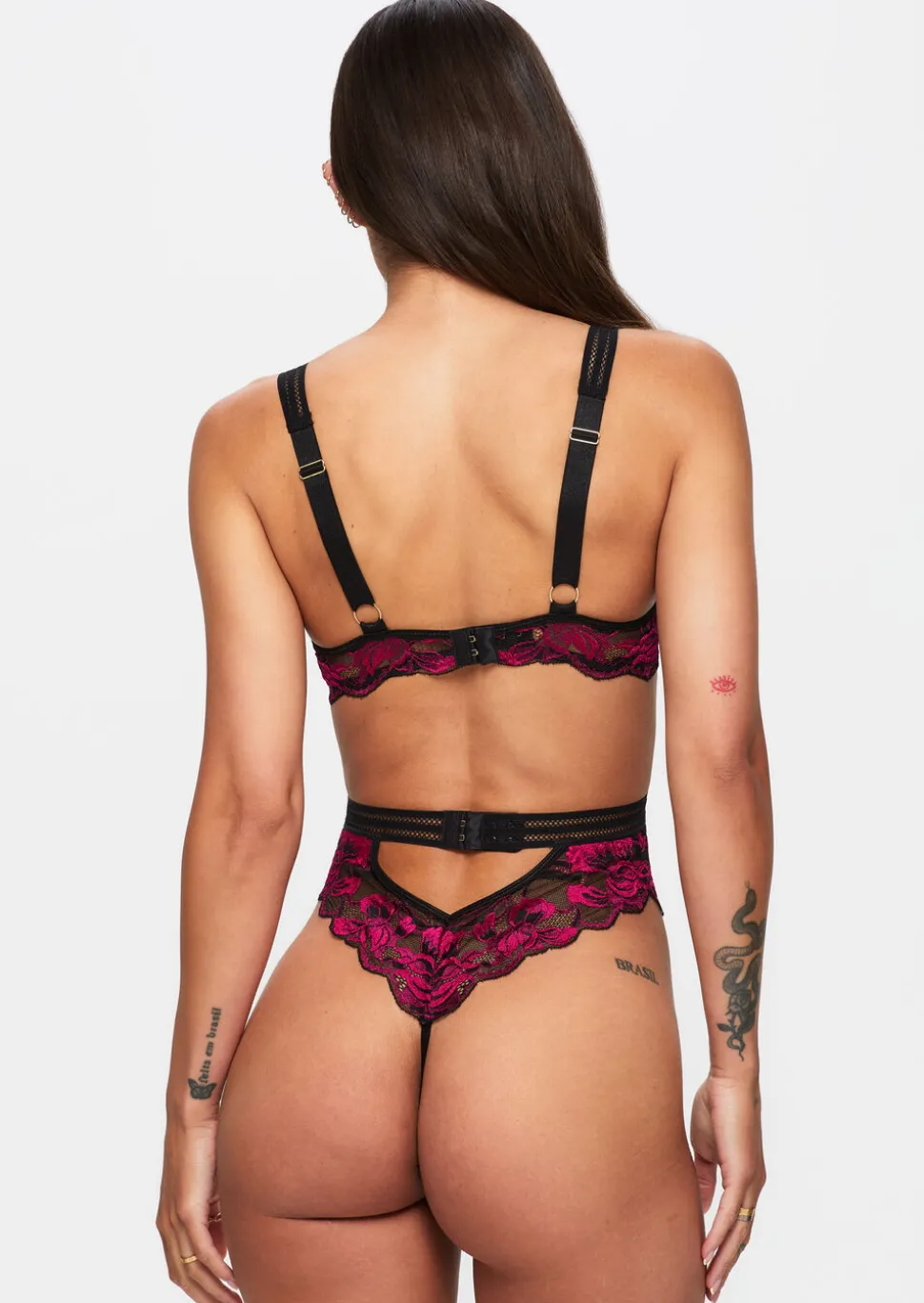 Embracing Lace Open Back Lingerie Body - Black/Pink