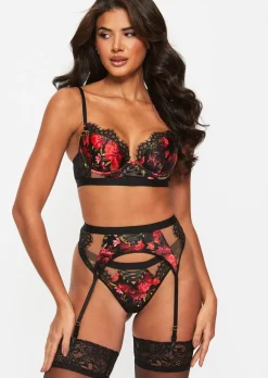 Enchanting Rose Suspender Belt - Black/Red