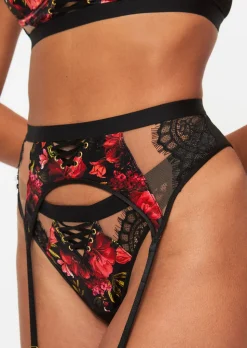 Enchanting Rose Suspender Belt - Black/Red