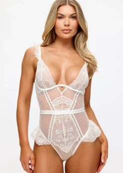 Entice Me Lace Crotchless Teddy Lingerie - Ivory