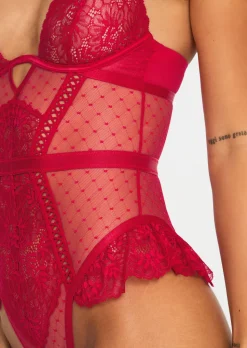 Entice Me Lace Crotchless Teddy Lingerie - Red