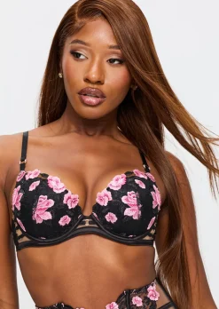 Everlasting Love Lace Padded Plunge Bra - Black/Pink