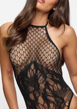 Exhilarate Me Fishnet Lace Crotchless Lingerie Body - Black