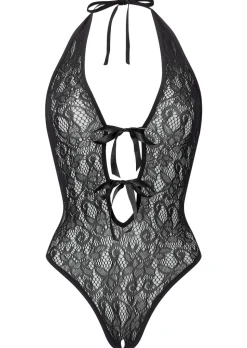 Extravaganza Floral Halterneck Crotchless Lingerie Body - Black